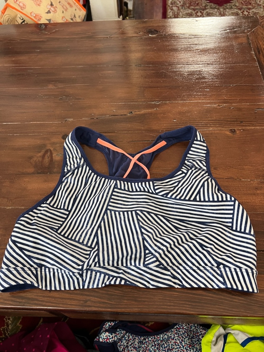 Old Navy Navy and White Striped Sports Bra with Coral Straps